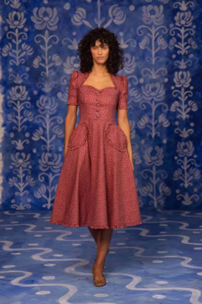 Romantic Maxi Dress in Cranberry Red with Heart Neckline & Ruffles by Lena Hoschek Romantic Maxi Dress in Cranberry Red with Heart Neckline & Ruffles by Lena Hoschek