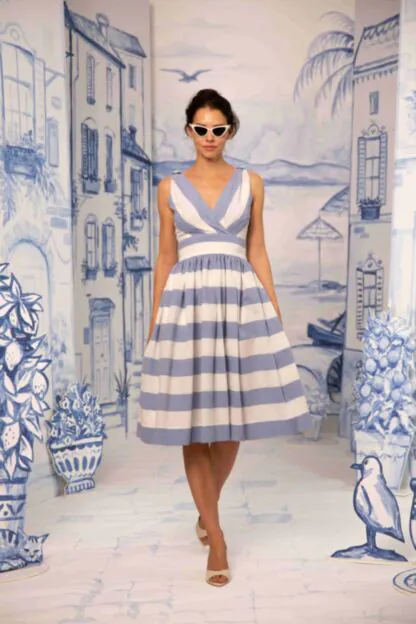 Striped Midi Dress – Wrap-Style V-Neck Dress in Blue & White by