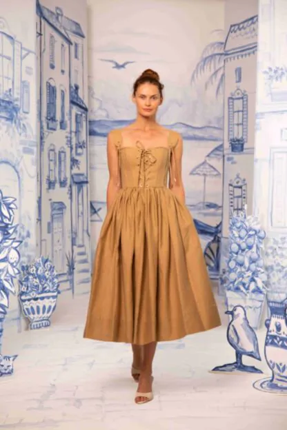 knee length dresses for ladies Salute Linen Button-Down Long Dress in Camel main image 0