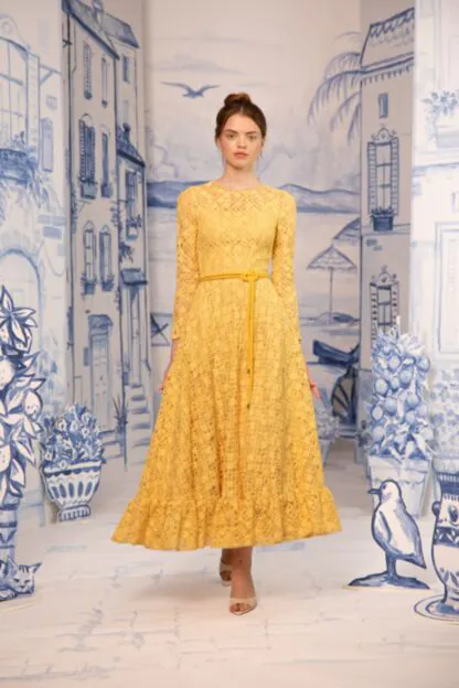 Limoncello Yellow Lace Dress - MIdi-Dress with Flounce Hem and Sheer  Sleeves by Lena Hoschek