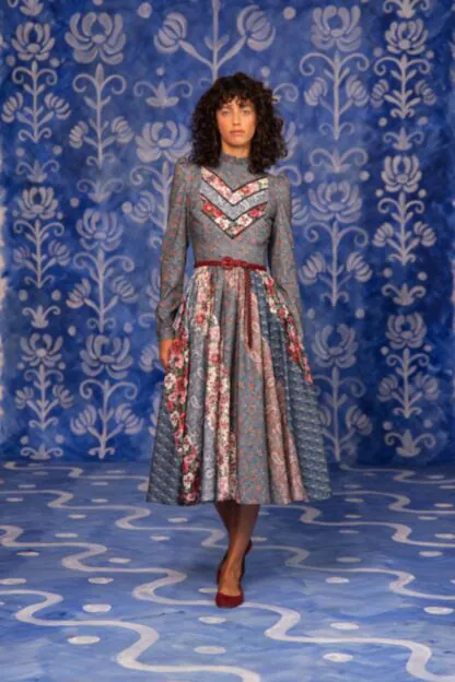 Patchwork Midi Dress – Stand-Up Collar A-Line Dress by Lena Hoschek