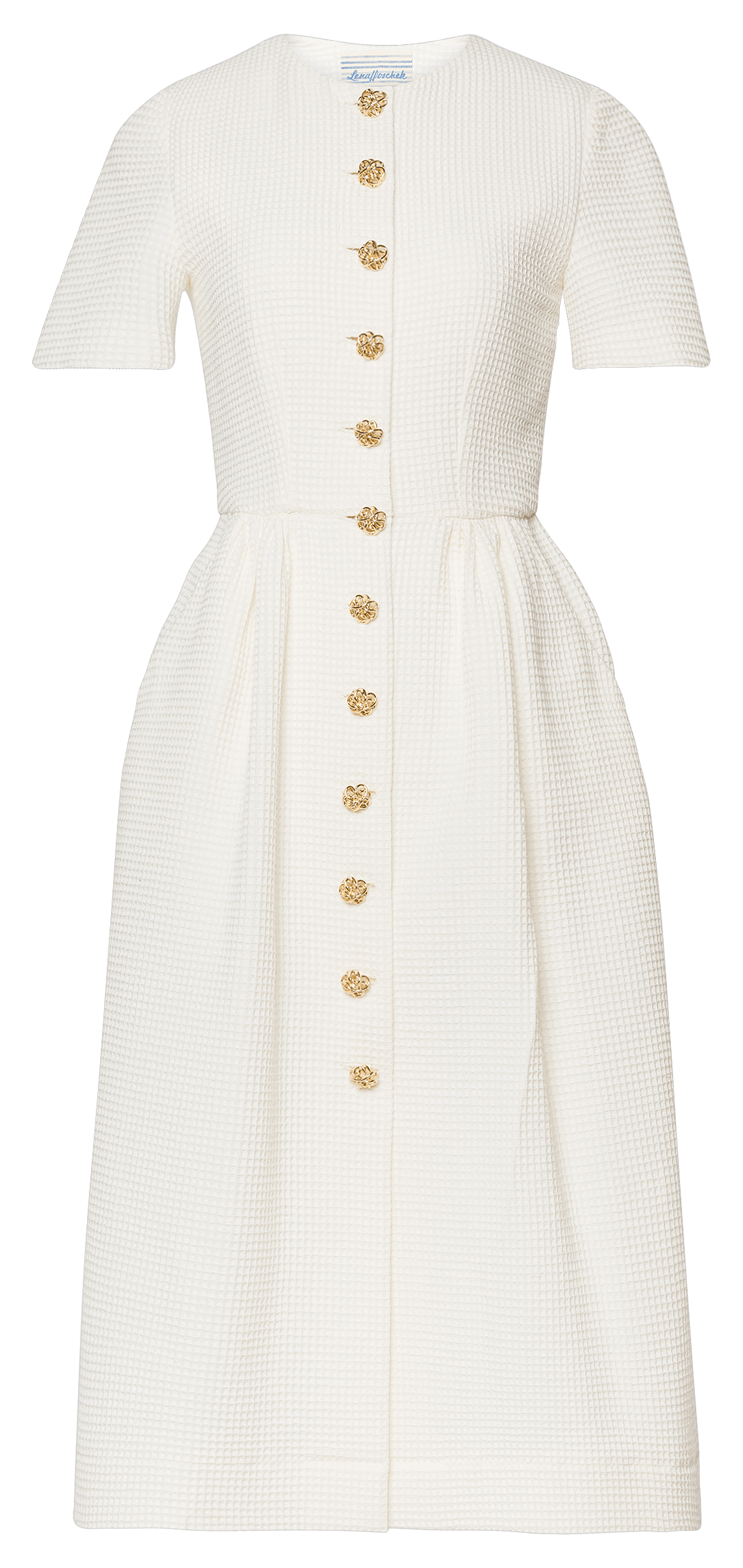 Off-White Midi Dress – Gold Button Pleated Dress by Lena Hoschek