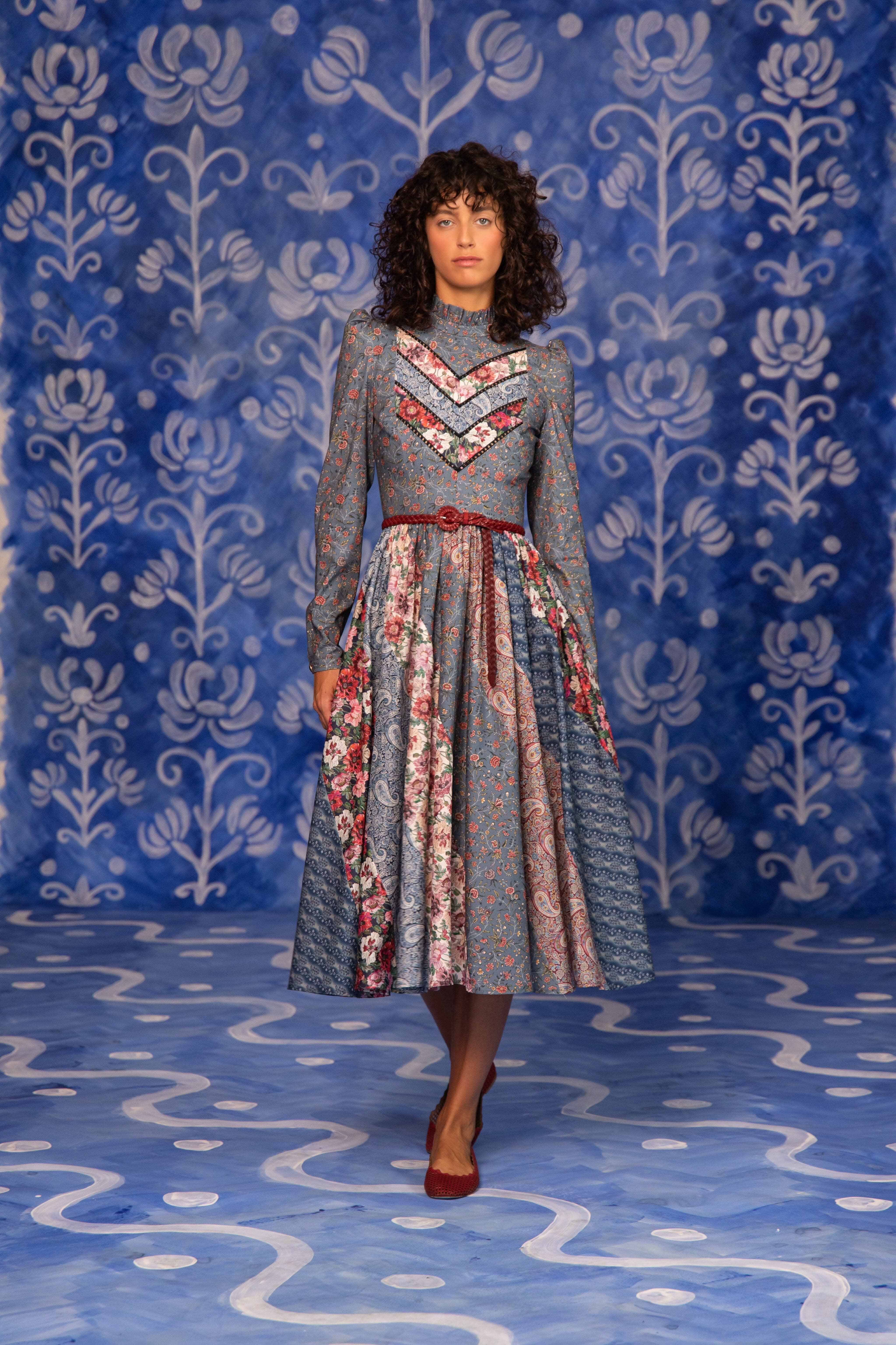 Patchwork Midi Dress – Stand-Up Collar A-Line Dress by Lena Hoschek