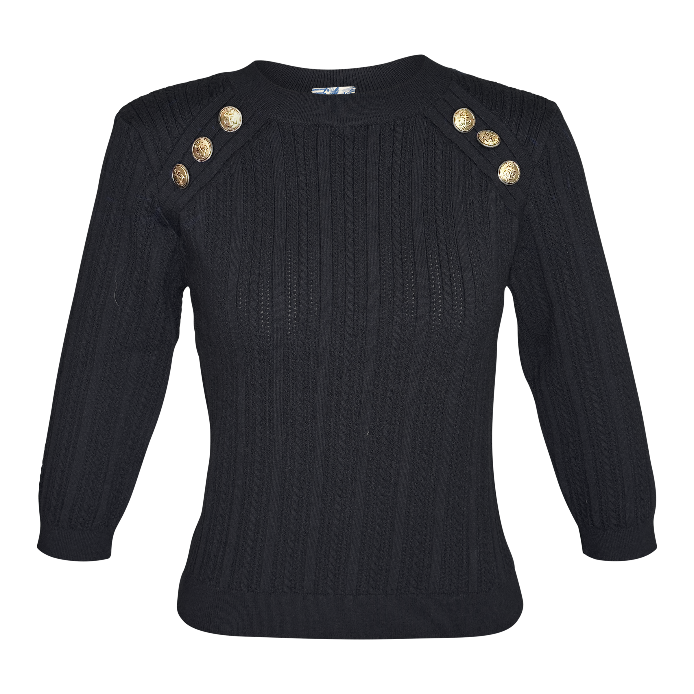 Fine Knit Sweater in Nautical Style with Metal Buttons & Openwork Fine Knit Sweater in Nautical Style with Metal Buttons & Openwork