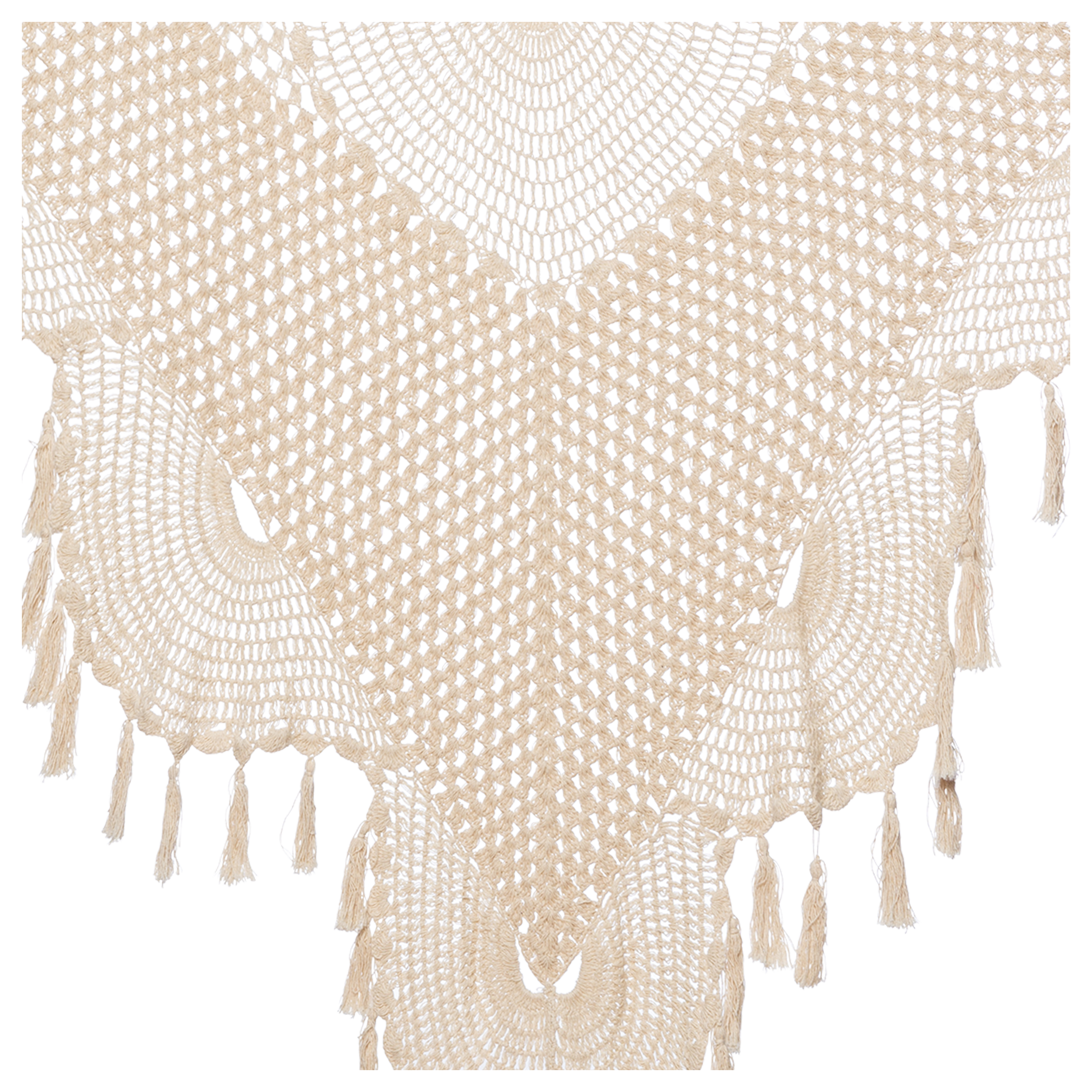 極美品 YOSOOU Two Piece Collar Poncho Crochet Poncho – Cream Openwork Knit with Fringe by Lena Hoschek